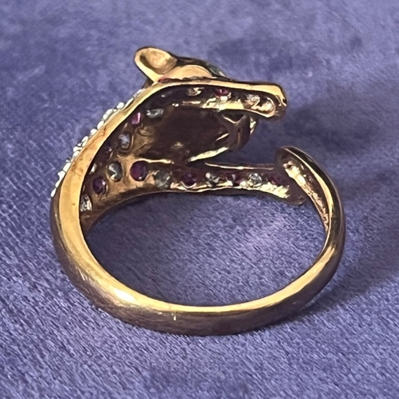 Gold Tone Panther Ring with Clear and Pink Stones Marked 925 - Picture 9 of 10